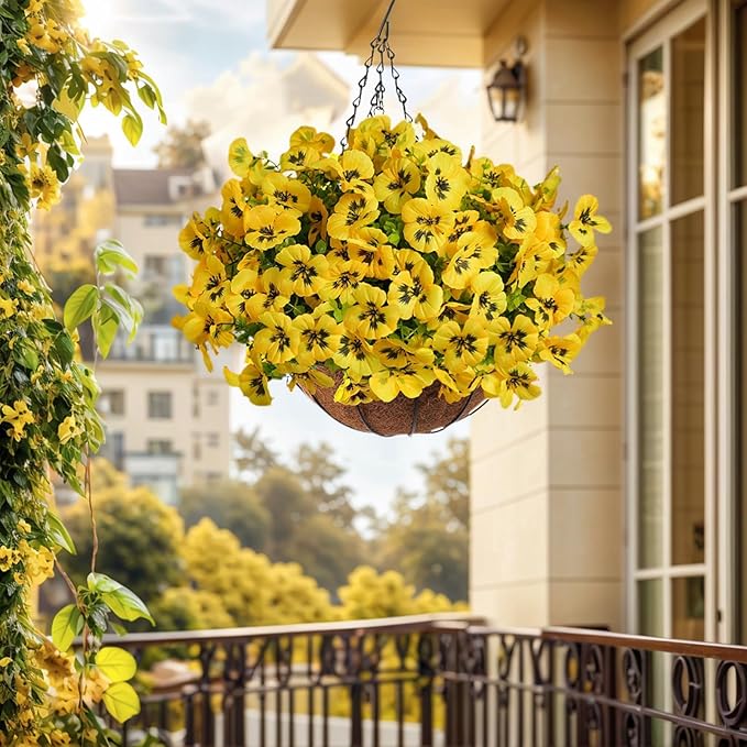 12 Bundles Artificial Flowers for Outdoor, UV Resistant Fake Pansy Flowers, Silk Faux Fowers for Outdoor Planters Home Garden Office Patio Front (12,Yellow)