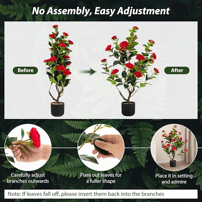 Goplus 38’’ Artificial Camellia Tree, Flower Plants Artificial Tree, Faux Floral Plant Blooming Tree in Cement Pot, Greenery Potted Plant for Indoor Outdoor Office Home Porch Decor