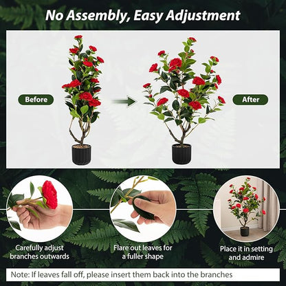 Goplus 38’’ Artificial Camellia Tree, Flower Plants Artificial Tree, Faux Floral Plant Blooming Tree in Cement Pot, Greenery Potted Plant for Indoor Outdoor Office Home Porch Decor