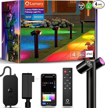 Lumary Smart Pathway Lights Pro 700LM, RGBAICW Color Changing Landscape Lights with 8 Adjustable 355° Spot Lights IP65 Waterproof, 48FT Wired Outdoor Landscape Lighting, WiFi APP/Voice/Remote (4 Pack)