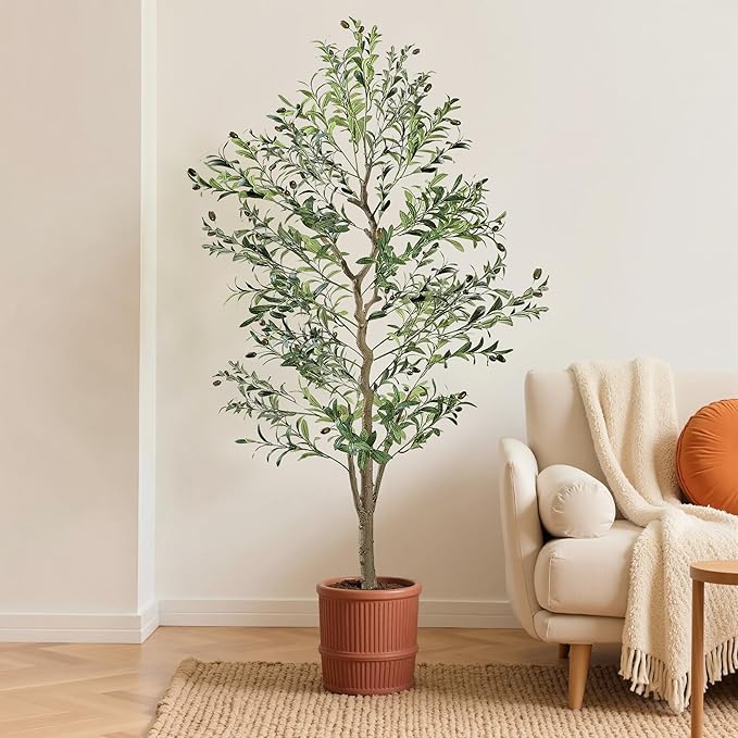 VECELO Artificial Olive Tree 6FT(72inch), Faux Olive Trees in Pot, Tall Fake Plant with Silk Leaves, Realistic Fruits and Dried Moss for Indoor Home Office Decor