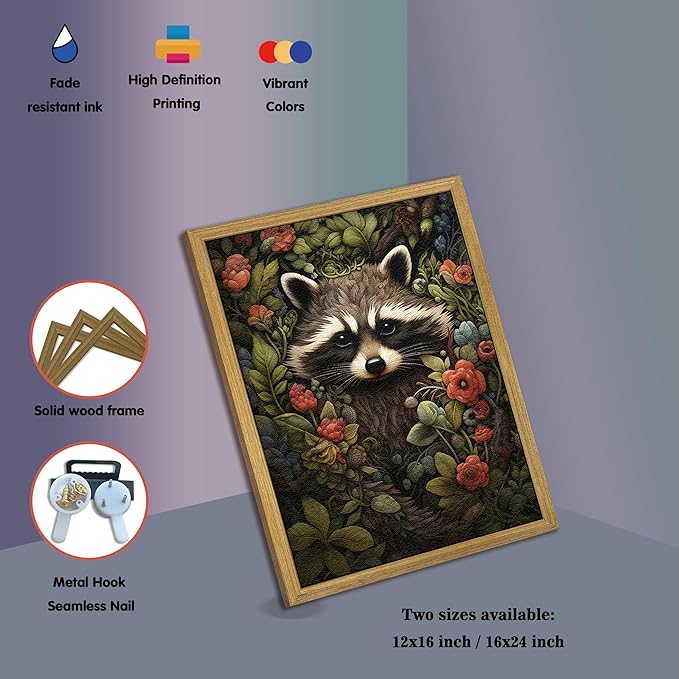 SAMHOU Framed 3D Textured Wall Art, Vintage Hand Drawn Sandstone Raccoon Wall Decor, Dark Academia Animal with Botanical Florals Paintings for Living Room Bedroom Bathroom Home Decor 16x24 inch