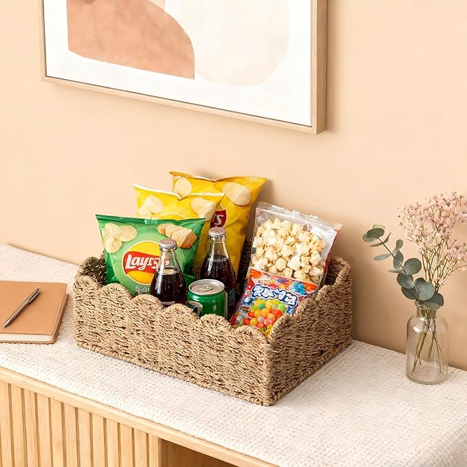 Scalloped Basket, Wicker Storage Baskets, Hand Woven Baskets for Shelves,Natural Baskets for Organizing (M-14" L x 10.5" W x 6" H-Seagrass)