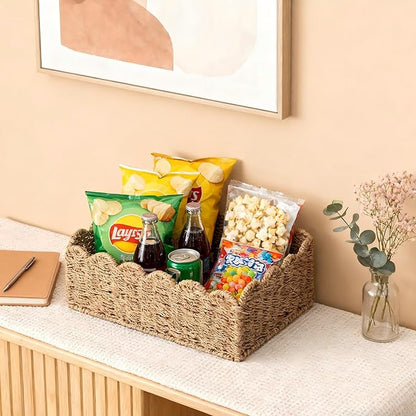 Scalloped Basket, Wicker Storage Baskets, Hand Woven Baskets for Shelves,Natural Baskets for Organizing (M-14" L x 10.5" W x 6" H-Seagrass)