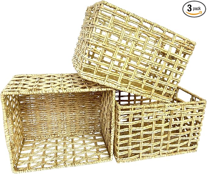 Handwoven Natural Basket Set – 3 Buri & Wicker Crates, 12"x10"x8", Storage for Pantry, Kitchen, Shelves, Breathable Open Weave Organizer, Rustic Milk Crate Design