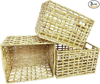Handwoven Natural Basket Set – 3 Buri & Wicker Crates, 12"x10"x8", Storage for Pantry, Kitchen, Shelves, Breathable Open Weave Organizer, Rustic Milk Crate Design