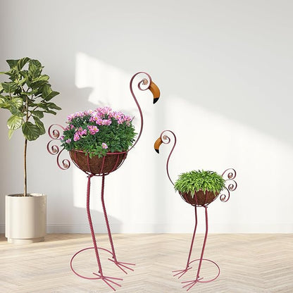 Metal Flamingo Planter with Basket -Garden Bird Planters for Outdoor Indoor Lawn,Yard,Porch,Patio, Garden Decorations（Set of 2）