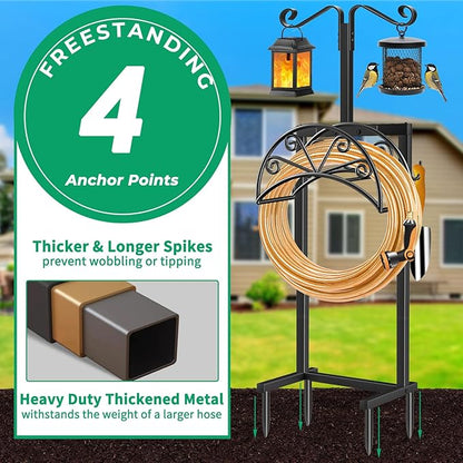TomCare Garden Hose Holder with Shepherds Hooks Heavy Duty Water Hose Holder Holds 160 FT Hoses Freestanding Hose Reel with 2 Tool Hooks Stable Hoses Hanger Storage Stand for Outside Yard, Black