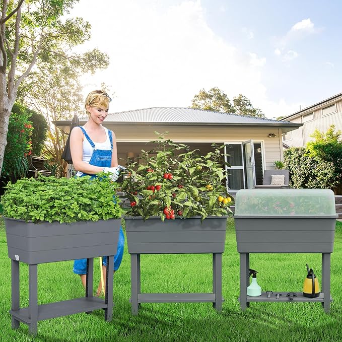 Aoodor 30'' × 14'' × 29'' Elevated Raised Planter Box with Legs, Storage Space, Plastic Drainage Plug & Water Level Indicator for Vegetables Flowers Herbs Outdoor, Gray, Set of 3