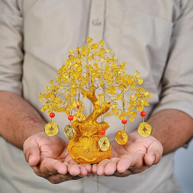 Citrine Crystal Tree with Artificial Coin Pot Base Bonsai Tree for Home & Office Decor Good Luck 6 Feng Shui Coins Money Tree Yellow Crystal Spiritual Gifts for Women Mom Sister Desk Bookshelf Decor