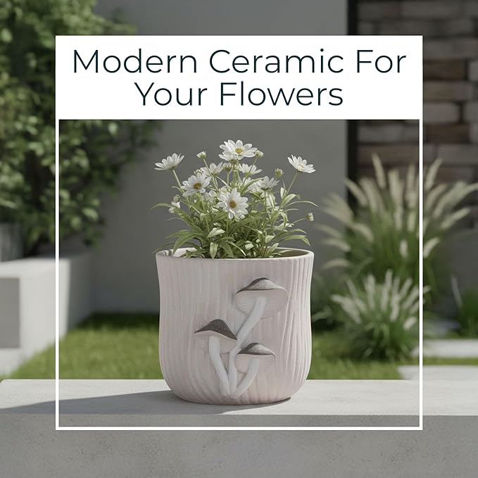 Cement Decorative Planter Pot Without Stand – Pottery Outdoor & Indoor Plant Pot with Mushroom Applique Pattern – Minimalist Modern Garden & Home Decor Cement Planters – 6", Gray