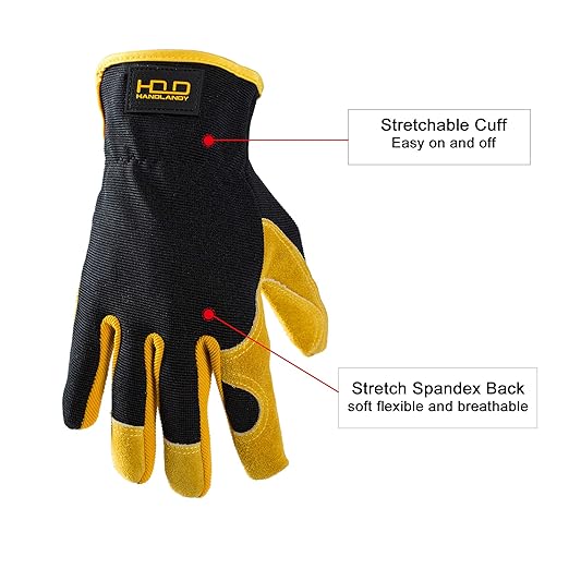 HLDD HANDLANDY Garden Gloves Men, Leather Work Gloves for Men & Women, Cowhide Gardening Gloves Utility Work Gloves for Mechanics, Construction, Driver (L, Yellow)