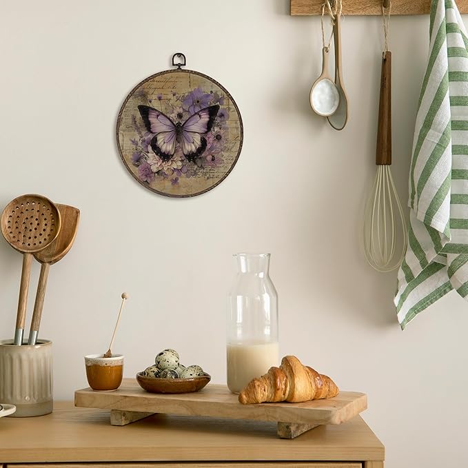 XNXLDYLH Vintage Purple Butterfly Round Framed Wall Art Decor, Purple Flower Moth Cottagecore Kitchen Bathroom Hanging Wall Decor Decorations, Rustic Antique Canvas Prints Wall Art Paintings,10x10Inch