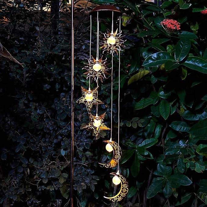 Tryme Solar Wind Chimes for Outside with Sun Moon Star Solar Hanging Lights Windchimes Outdoors Garden Decor Gifts for Mother, Grandma, Sister