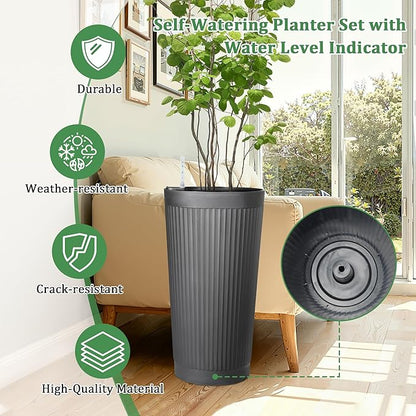 Set of 2 Tall Self-Watering Planters, 24" Large Planters with Water Level Indicator for Indoor & Outdoor Plants, Modern Planters for Garden, Patio, Balcony, Porch, Cement Gray