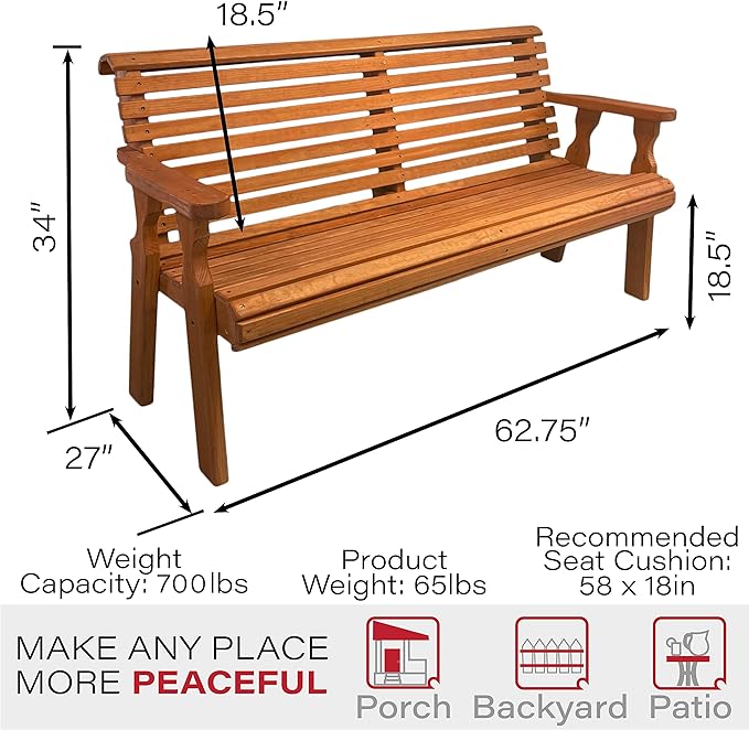Amish Casual Heavy Duty 5 Foot Roll Back Outdoor Bench in Cedar Stain - Amish Made in The USA from Treated Pine for Outdoor Durability, 700 Lb Weight Capacity