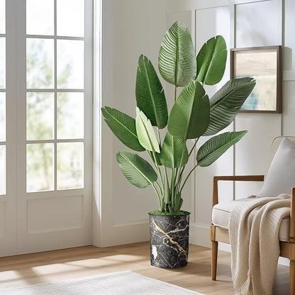 Artificial Tree in Modern Granite Effect Planter, Fake Bird of Paradise Silk Tree for Indoor and Outdoor Home Decoration - 58" Overall Tall (Plant Pot Plus Tree)