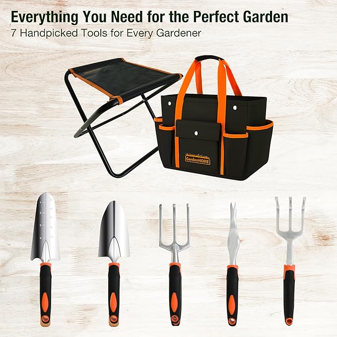 GardenHOME 7-Piece Garden Tool Set – Stainless Steel Tools with Folding Stool & Tote Bag, Black and Orange, Practical Kit for Men and DIY Yard Work