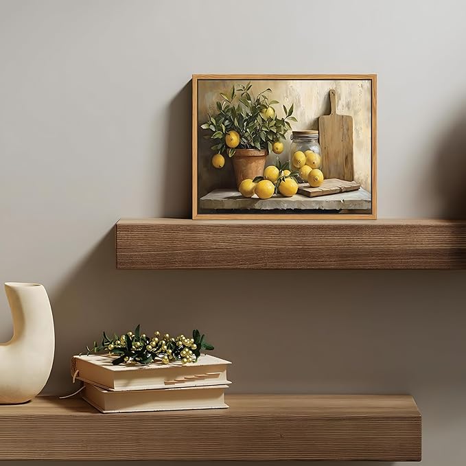 Floating Framed Vintage Kitchen Wall Art, Yellow Lemon Still Life Wall Decor Oil Paintings, Rustic Farmhouse Artwork Canvas Posters Prints Pictures for Living Room Bedroom Home Decor 12x16 Inch
