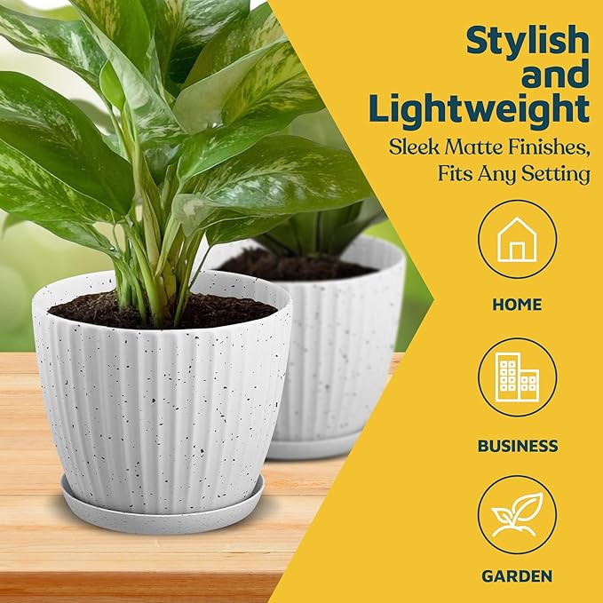 White Gray 6-Inch Plant Pots with Drainage & Saucers 24 Pack, Indoor & Outdoor Planters for Houseplants, Herbs, and Flowers, Durable & Weatherproof Material, Stackable, Lightweight, Minimalist Design