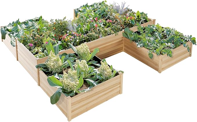 AMERLIFE 12x12x2 FT Wooden Raised Garden Bed, H-Shaped Planter Box with Double-Layer Design, 180 Cu. Ft Capacity for Outdoor Patio & Backyard