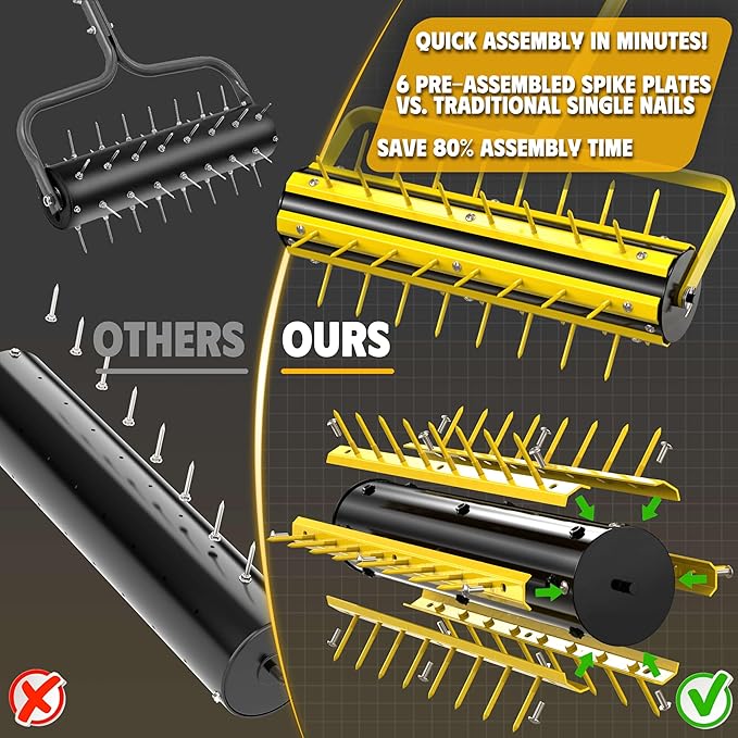Upgraded 20 Inch Lawn Aerator Tool – Manual Rolling Lawn Core Aerator with 2.4” Steel Spikes, Welded Spike Strip & T-Handle – Yard Soil Aeration for Grass, Garden, Lawn Care