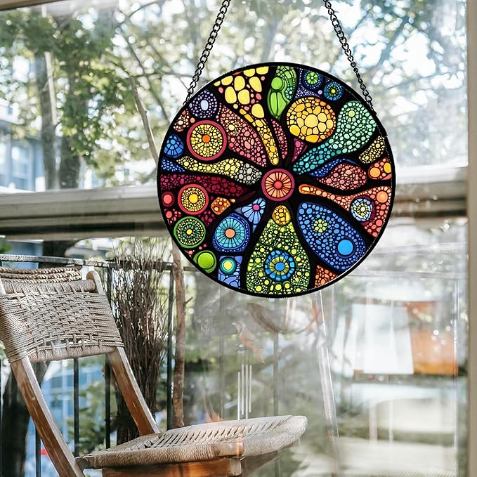 Stained Glass Window Hanging Colorful Abstract Plants 9.8" - Retro Boho Suncatcher Door Garden Sun Catcher Home Decor Birthday Christmas for Mom Men Woman Nana