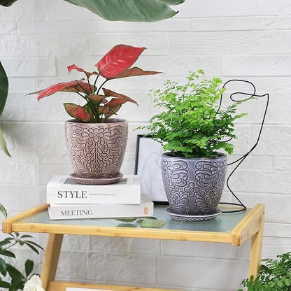6 Inch Retro Ceramic Planter Set of 2 with Drainage Hole and Saucer for Plants, Indoor-Outdoor Garden Pots for Succulent, Orchid, and Flower (Fits Inner Pots Up to 5 Inches, Retro Peach)