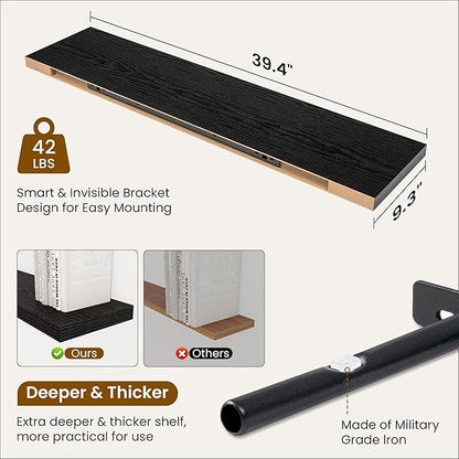 Fun Memories 40" Rustic Wood Floating Shelves with Invisible Brackets for Storage & Decor, Deep Wall Mounted Shelves for Bathroom, Kitchen, Living Room (Black, Set of 2)
