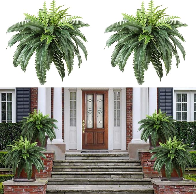 Luyue Fake Ferns Artificial Plants Sets of 2, 36" Artificial Boston Ferns for Outdoors Realistic Large Faux Fern Bush with 60 Fronds Hanging Plant for Front Porch Patio Outdoor/Indoor Home Decor