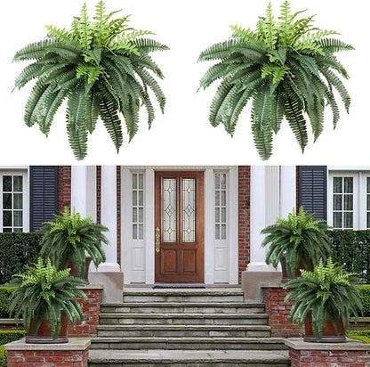 Luyue Fake Ferns Artificial Plants Sets of 2, 36" Artificial Boston Ferns for Outdoors Realistic Large Faux Fern Bush with 60 Fronds Hanging Plant for Front Porch Patio Outdoor/Indoor Home Decor