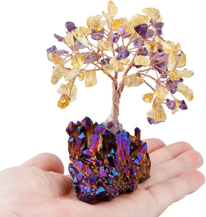 mookaitedecor Citrine & Amethyst Crystal Tree, Quartz Cluster Purple Titanium Crystals Base Bonsai Money Tree for Wealth and Luck