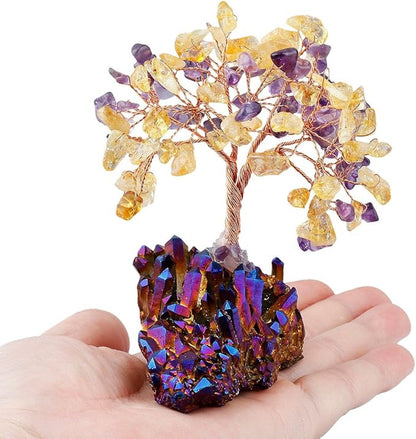 mookaitedecor Citrine & Amethyst Crystal Tree, Quartz Cluster Purple Titanium Crystals Base Bonsai Money Tree for Wealth and Luck