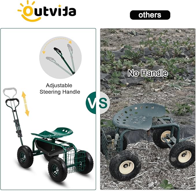 Outvita Garden Cart Rolling Workseat with Wheels, Gardening Stool with Adjustable 360 Degree Swivel Seat, Extendable Handle, Tool Tray & Storage Basket, Gardening Scooter for Yard, Planting, Green