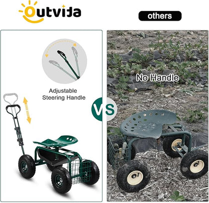 Outvita Garden Cart Rolling Workseat with Wheels, Gardening Stool with Adjustable 360 Degree Swivel Seat, Extendable Handle, Tool Tray & Storage Basket, Gardening Scooter for Yard, Planting, Green