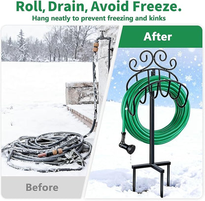 AMAGABELI GARDEN & HOME Hose Holder for Outside Freestanding 150 Feet Christmas Gift Heavy Duty Metal Detachable Rustproof Hose Stand Hanger Decorative Hose Storage With Ground Stakes Garden Lawn