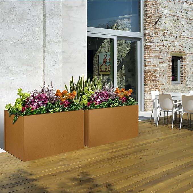 Corten Steel Planter Box 28"x12"x28", Rustic Metal Planter with Partitions & Drainage Holes, Frost Rust Resistant Heavy Duty Planter for Patio Garden Indoor Outdoor Commercial Decor