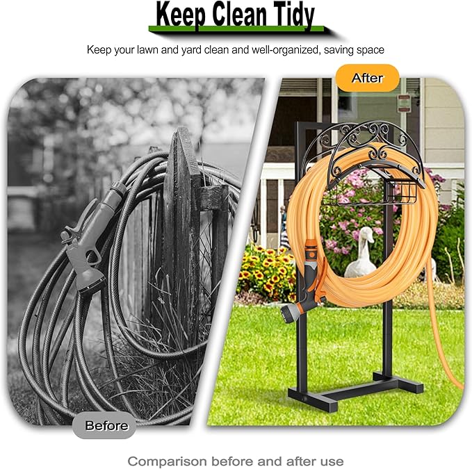 Garden Hose Holder - Upgraded Water Hose Holder Stand with Storage Basket Holds 151ft, Heavy Duty Freestanding Garden Hose Hanger Storage Rack for Outside Yard Lawn Farm