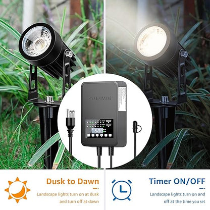 SUNVIE 200W Low Voltage Landscape Transformer with 2 Independent Control Output Landscape Lighting Transformer with Timer and Photocell Sensor 120V AC to 12/14V AC Weatherproof Low Voltage Transformer
