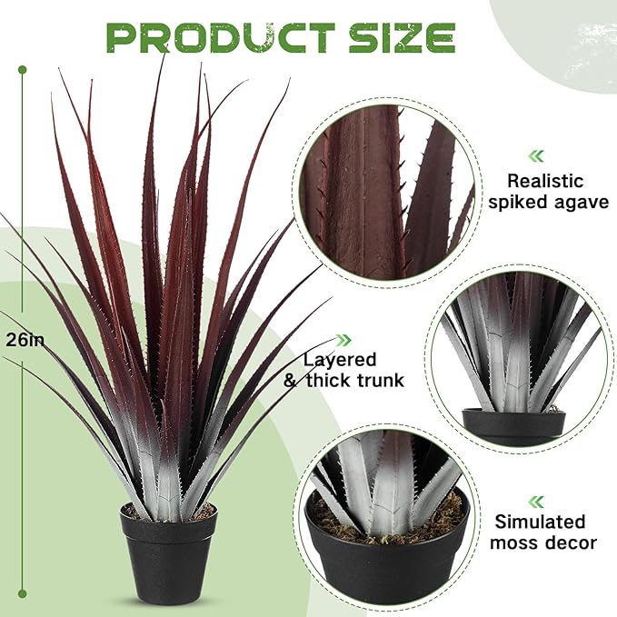 Giegxin 2 Pcs 26'' Realistic Red Artificial Aloe Vera Plant Faux Agave Plant Potted UV Resistant Agave Artificial Greenery Outdoor Indoor for Housewarming Gift House Garden