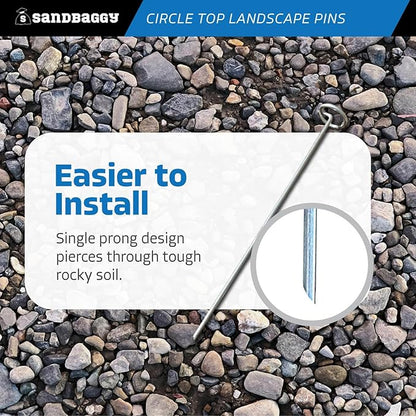 Sandbaggy 12-inch Circle Top Pins - Landscape Staples (Galvanized) - Garden Stakes for Landscaping, SOD - Heavy Duty Ground Stakes, Lawn Turf Spikes, Christmas Decorations, Weed Mats (50 Pins)