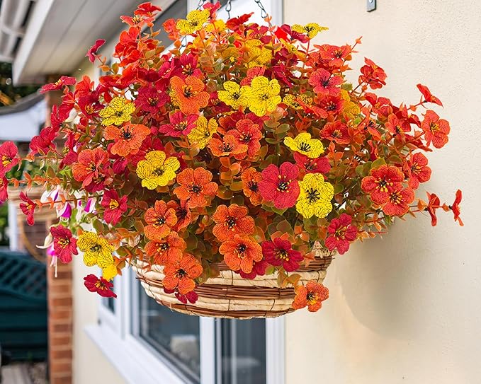 Artificial Flowers Outdoor Fall Mums, 12 Bundles Artificial Plants Outdoor Fake Mums Fall Flowers UV Resistant, Fake Plants Faux Silk Flowers for Porch Outside Planter Window Box Garden
