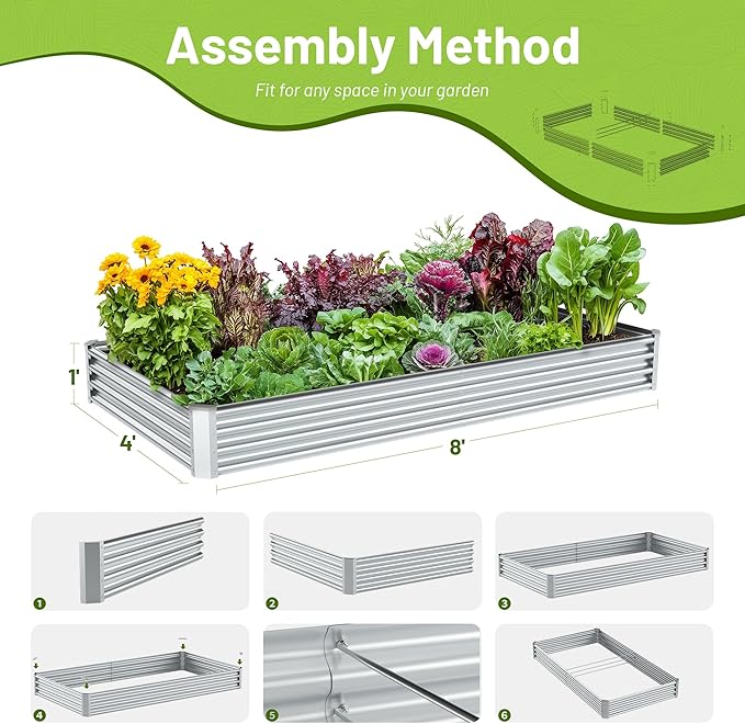2PCS 8x4x1FT Galvanized Raised Garden Bed Kit,Vegetable Boxes-Rectangle Metal Flower Box,Large Planter Raised Beds Outdoor Garden for Planting,Fruit,Herb-Silver