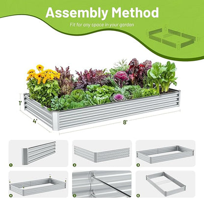 2PCS 8x4x1FT Galvanized Raised Garden Bed Kit,Vegetable Boxes-Rectangle Metal Flower Box,Large Planter Raised Beds Outdoor Garden for Planting,Fruit,Herb-Silver