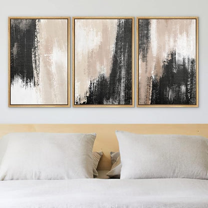 Ashbrook Framed Wall Art Print Set Brown Black Grunge Paint Stroke Landscape Abstract Shapes Illustrations Modern Art Boho Scenic Colorful for Living Room, Bedroom, Office - 24"x36"x3 Natural