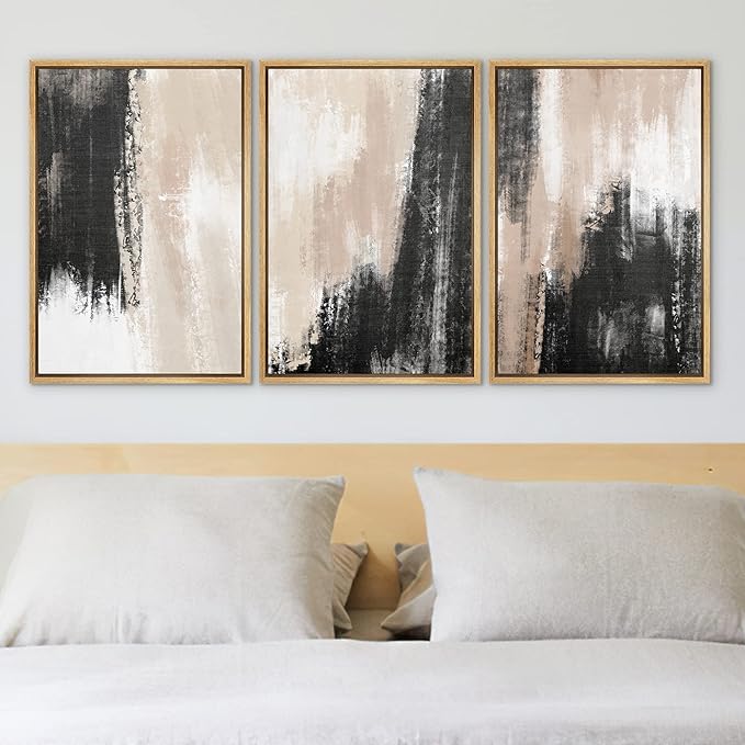 Ashbrook Framed Wall Art Print Set Brown Black Grunge Paint Stroke Landscape Abstract Shapes Illustrations Modern Art Boho Scenic Colorful for Living Room, Bedroom, Office - 16"x24"x3 Natural
