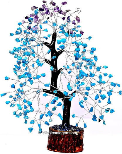 Turquoise & Amethyst Artificial Gemstone Tree with Silver Wire – Handcrafted Decorative Bonsai for Positive Energy & Home Décor