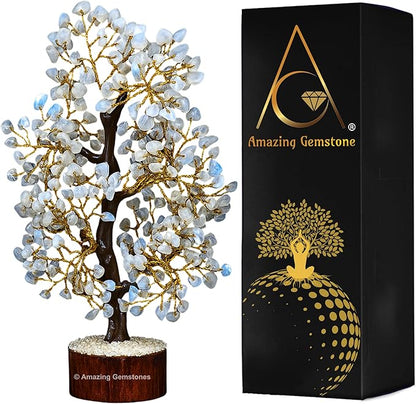 Rainbow Moonstone Natural Healing Premium Crystal Bonsai Feng Shui Fortune Money Tree of Life for Home Office Decor (Gift Box Ready,10-12 Inch)