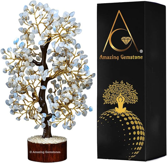 Rainbow Moonstone Natural Healing Premium Crystal Bonsai Feng Shui Fortune Money Tree of Life for Home Office Decor (Gift Box Ready,10-12 Inch)