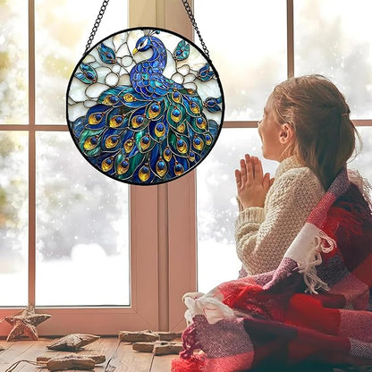 Stained Glass Window Hanging - Peacock Blue Gold Feathers Sun Catcher for Door Garden Home Decor Bird Suncatcher Christmas Mother's Day Birthday Gifts for Women Men Mom Nana 9.8 in